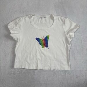 VTG Girl Rebel Rainbow‎ Butterfly White Short Sleeve Crop Top Women's Medium